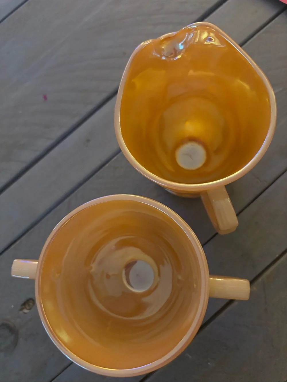 Vintage Fire King Peach Luster Laurel Leaf Creamer & Sugar Bowl Set MCM Glass